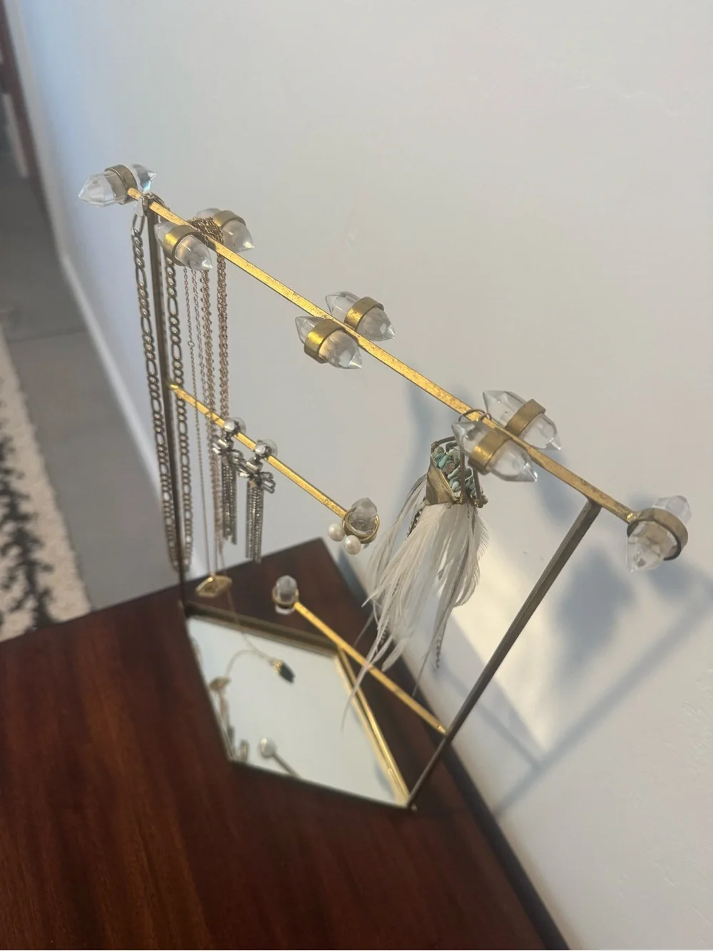 Urban Outfitters Antique brass/crystal-look Jewelry Stand with Mirror Tray